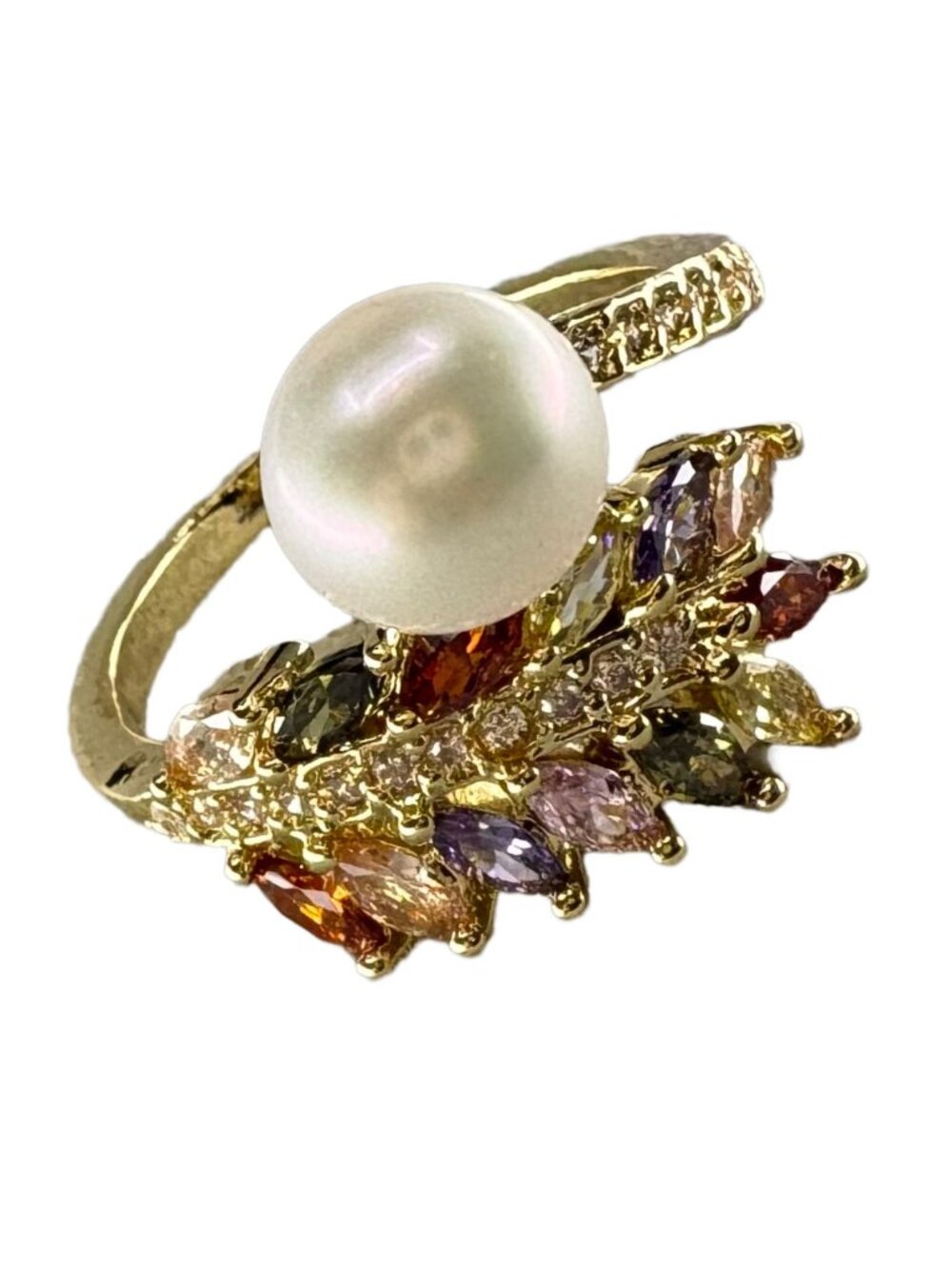 18K Gold Plated Freshwater White Pearl & Multi-Color Zircon Ring US 7 3.58g